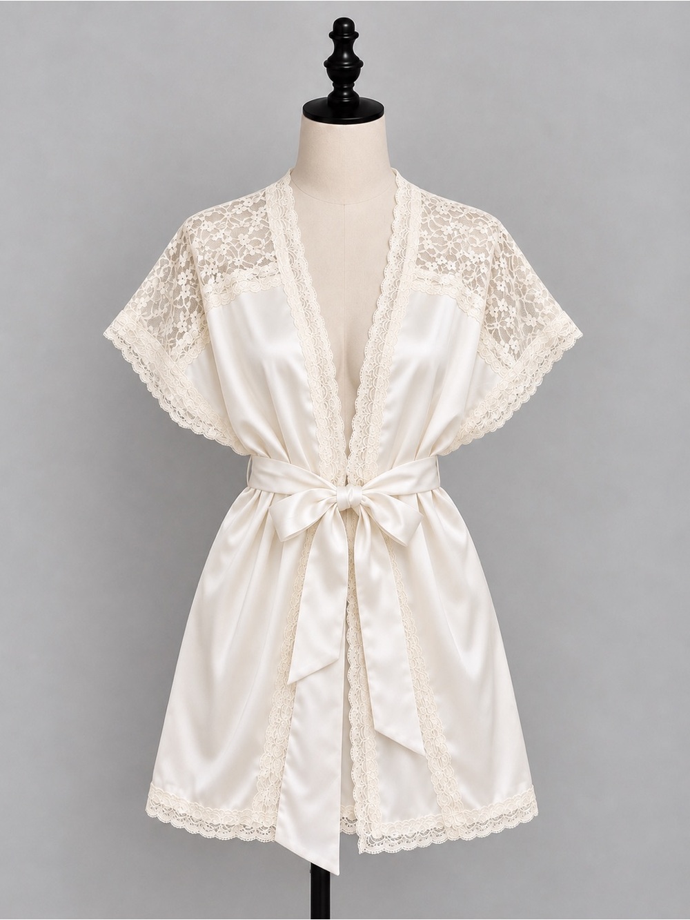 La Vie En Rose Ivory White Lace-Trim Satin Kimono Robe